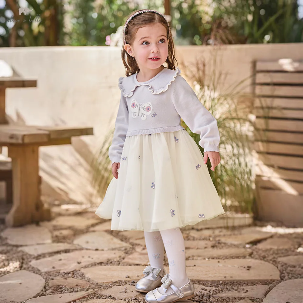 Dave Bella Mesh Dresses Spring Children Autumn Elegant Girls Sweater Dress Butterfly Princess Cotton Party Sweet Charm DB1260320