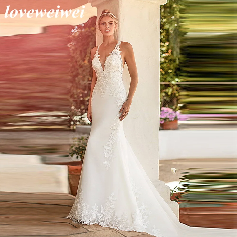 Robe de mariée sirène en fibre à col en V pour femmes, appliques en dentelle Boho, dos ouvert, longueur au sol, robe de patients, sur mesure, sexy, 2022