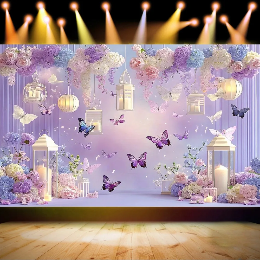 Purple Pink Butterfly Lantern Themed Banner Background Cloth, Children's Princess Birthday Party Decoration Photography Backdrop
