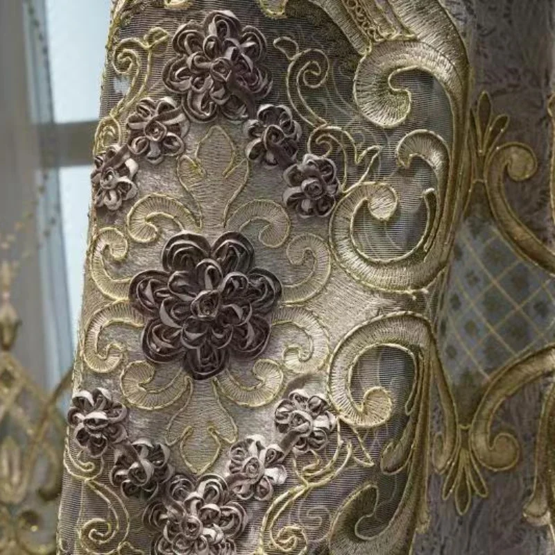 European Luxury Purple-gray Three-dimensional Embroidery Living Room Curtains American Blue Bedroom Blackout Valance Curtains