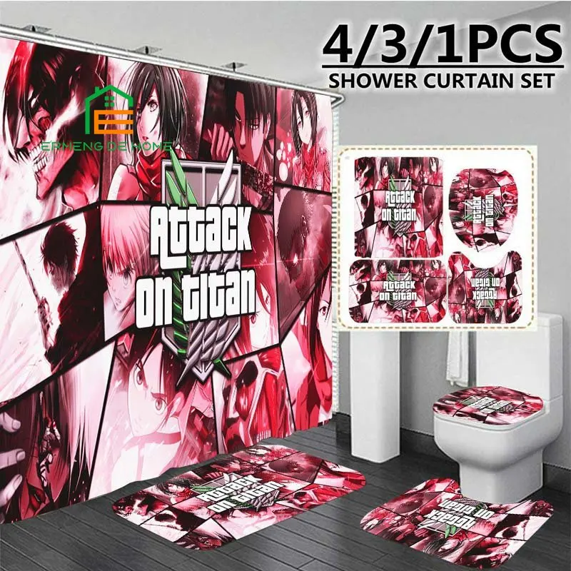 Anime Attack on Titan Print 3D Shower Curtain Waterproof Polyester Bathroom Curtain Anti-slip Bath Mat Set Toilet Rug Home Decor