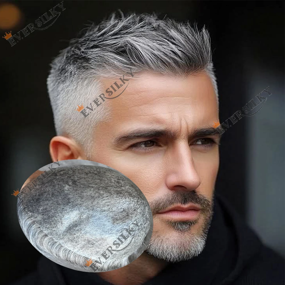 6 Zoll Old Man 1b80 1b65 Graue Echthaarperücken mit natürlichem Haaransatz, langlebigem Poly-PU-Haut-Toupet für Männer, Haarprothese, Haarteil – Detail 2
