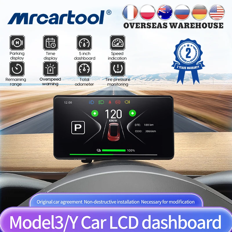

MRCARTOOL Model 3 Y Head Up Display 5'' HUD Dashboard Cluster Instrument Wireless HD LCD Speedometer Car Accessories For Tesla