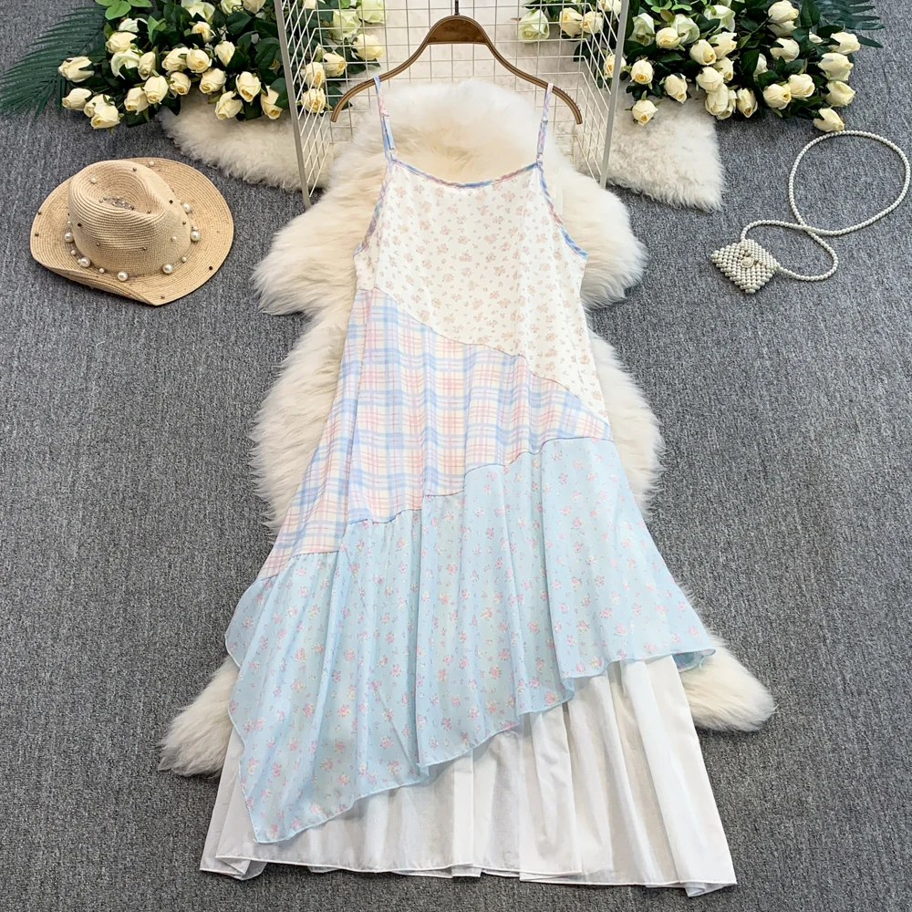 Floral Print Spaghetti Strap Dress for Women Summer Contrast Color Spliced Beach Vacation Sundress Design Irregular Long Dresses