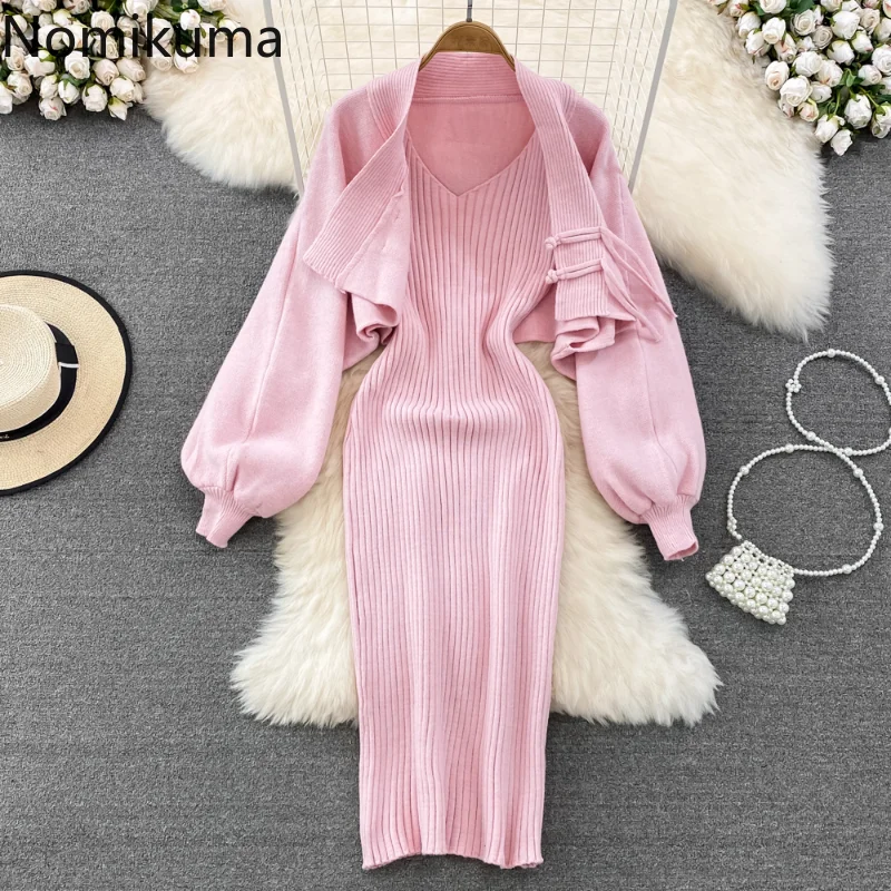 Nomikuma Conjuntos De Falda Autumn Winter Lantern Sleeve Slim Bodycon Simple Ensembles De Jupes Elegant Womens Two Peice Sets