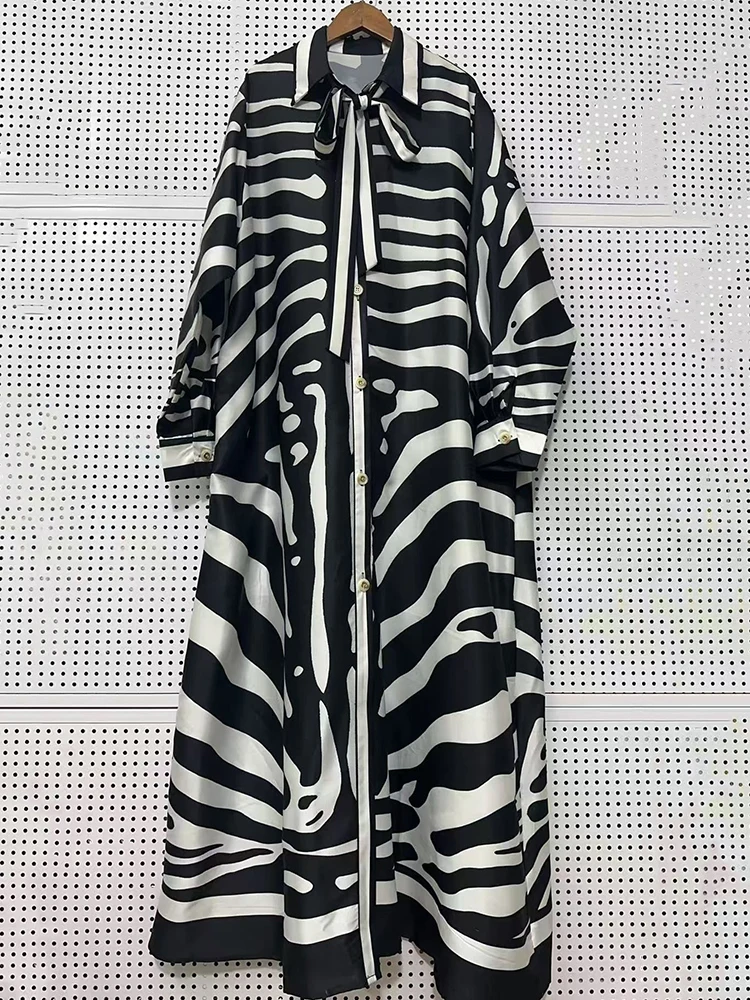 2025 herfst dames bladerdeegrok retro zebrapatroon bedrukte kraag lange jurk modieuze losse shirtrok met lange mouwen