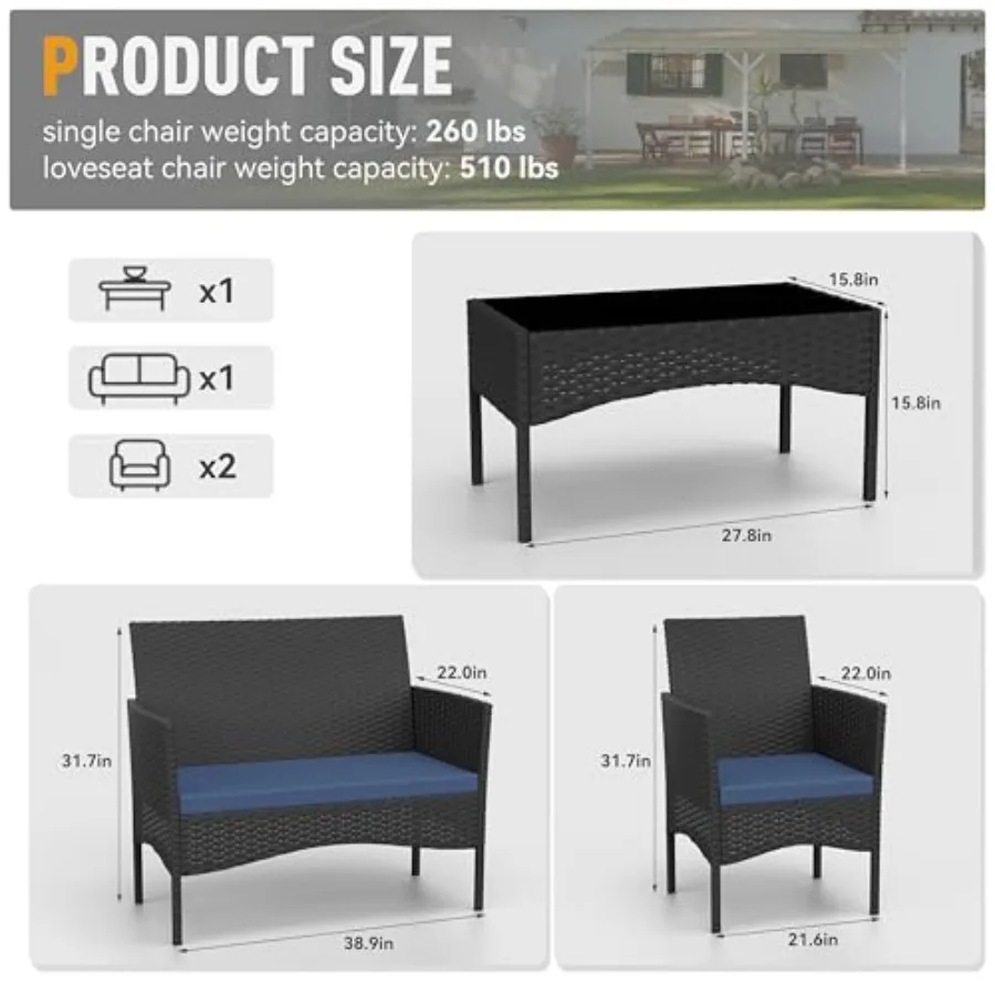 Patio Furniture Set 4 Pieces Outdoor Wicker Rattan Chairs Conversation Sets with Coffee Table Rocking Bistro Set for D