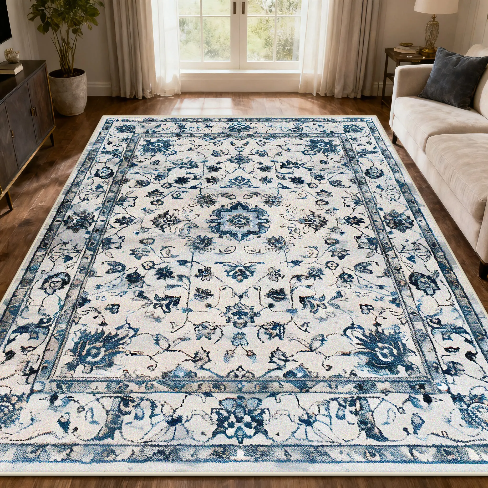 

Новый персидский сине-белый ковер для гостиной, украшение в этническом стиле, диван, короткий бархатный коврик, легко чистящийся напольный коврик для спальни YA سا