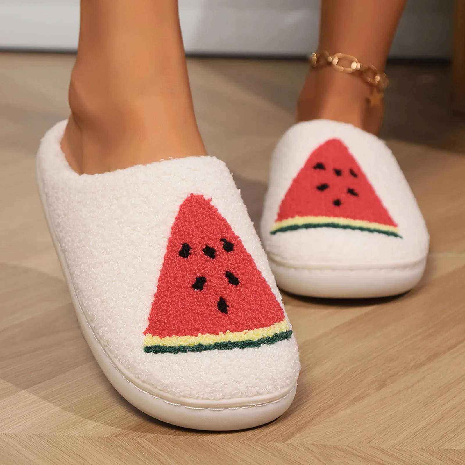 New Unisex Watermelon Embroidery Cotton Slippers Women and Men Soft Sole Indoor Plush Slippers Winter Warm Fluffy Home Slippers