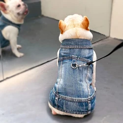 French Bulldog Jeans Jacket with Black Leash Durable Denim Dog Clothes for Small Dogs with D-Ring Designer Vintage Winter Vest