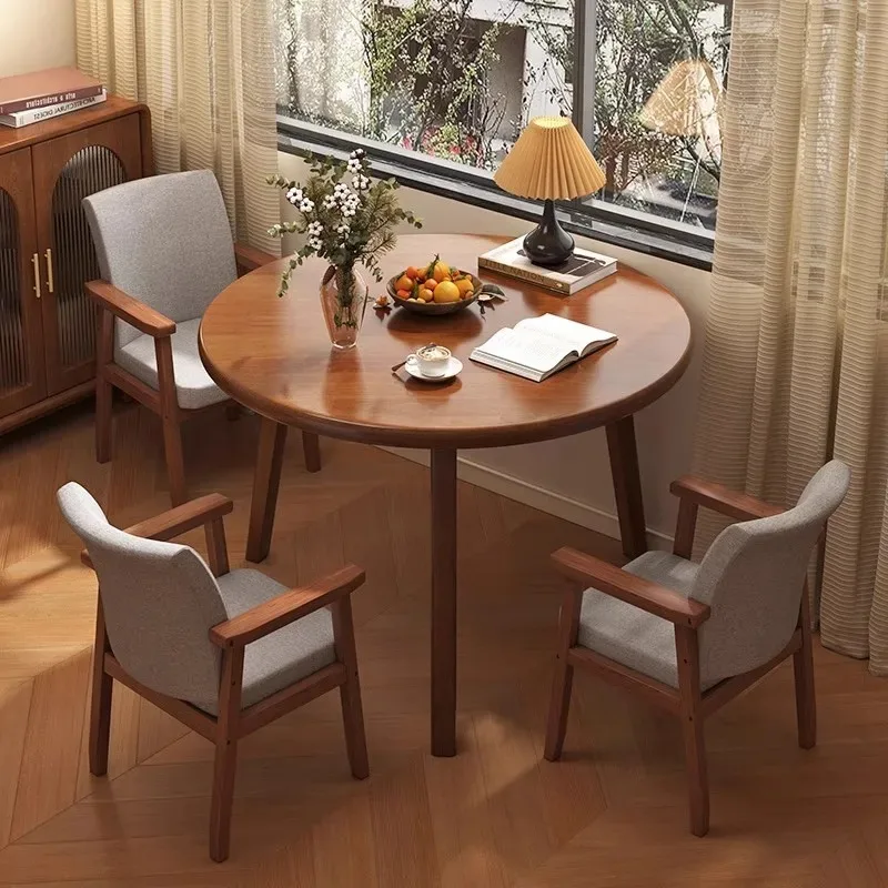 

Solid wood round table walnut color household small apartment dining table negotiation table and chairs