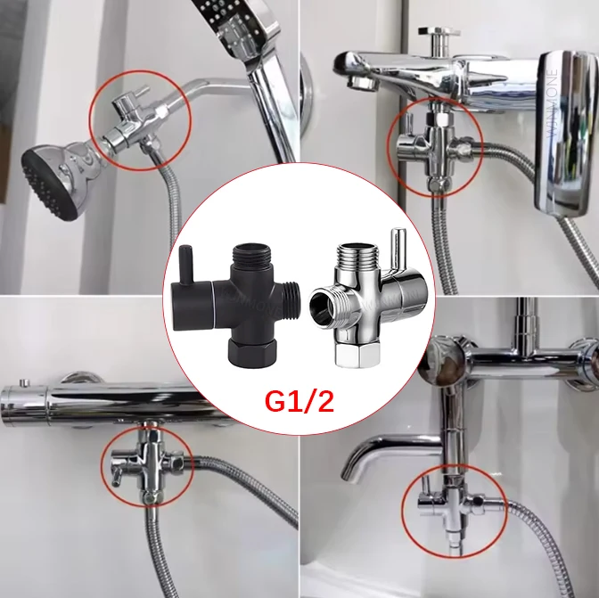Black Silver 3 Way T-Adapter Diverter Valve for Bathroom Shower Head Accessories G1/2in Shower Faucet Water Splitter Converter