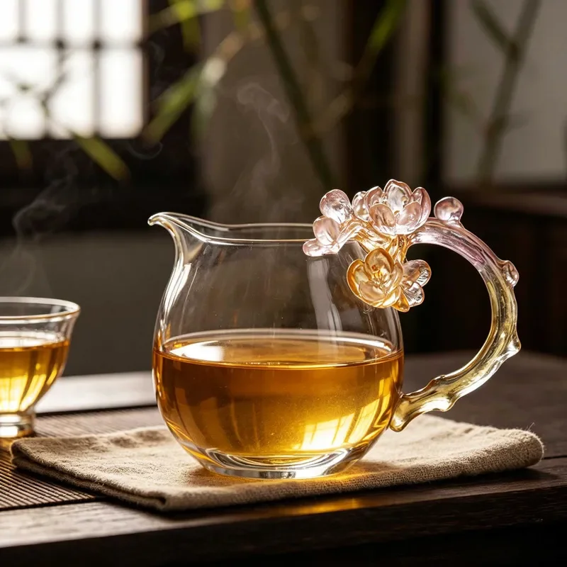 Thickened Crystal Glass Fair Cup with Plum Blossom Handle High Temperature Resistant Tea Separator Melon Edge Design for Tea