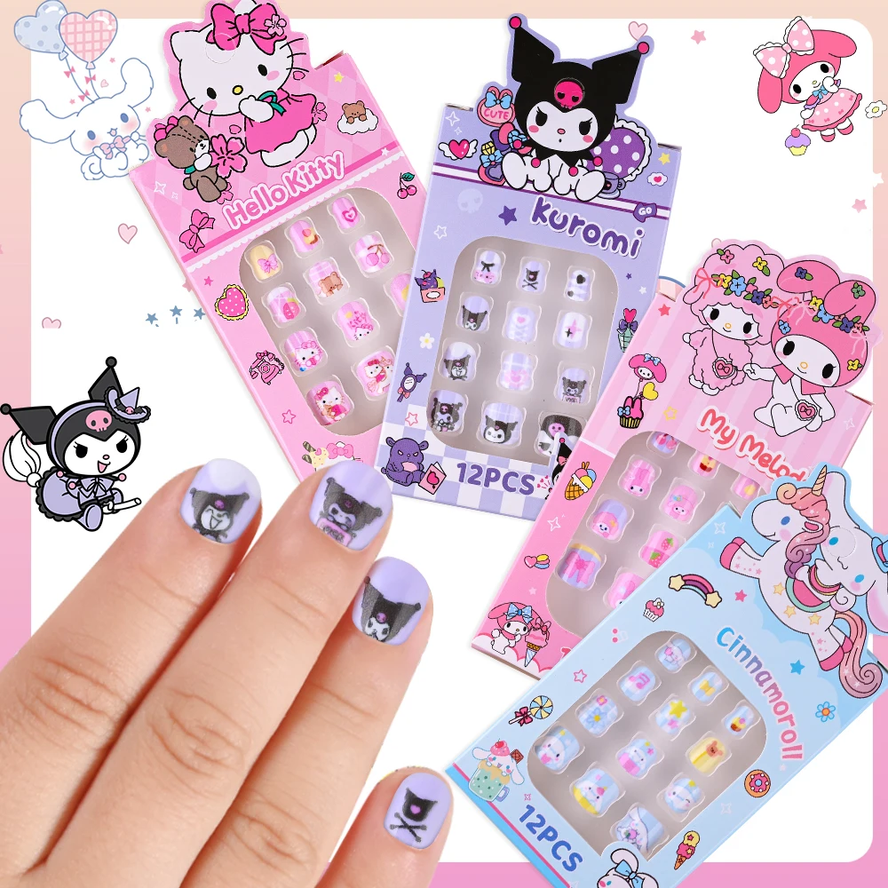 

12pcs Kawaii Kuromi Kitty Melody Fake Nails Kids Short Square Sanrio Fake Nail Tip Sweet Girls Y2K Cute Cartoon Anime False Nail