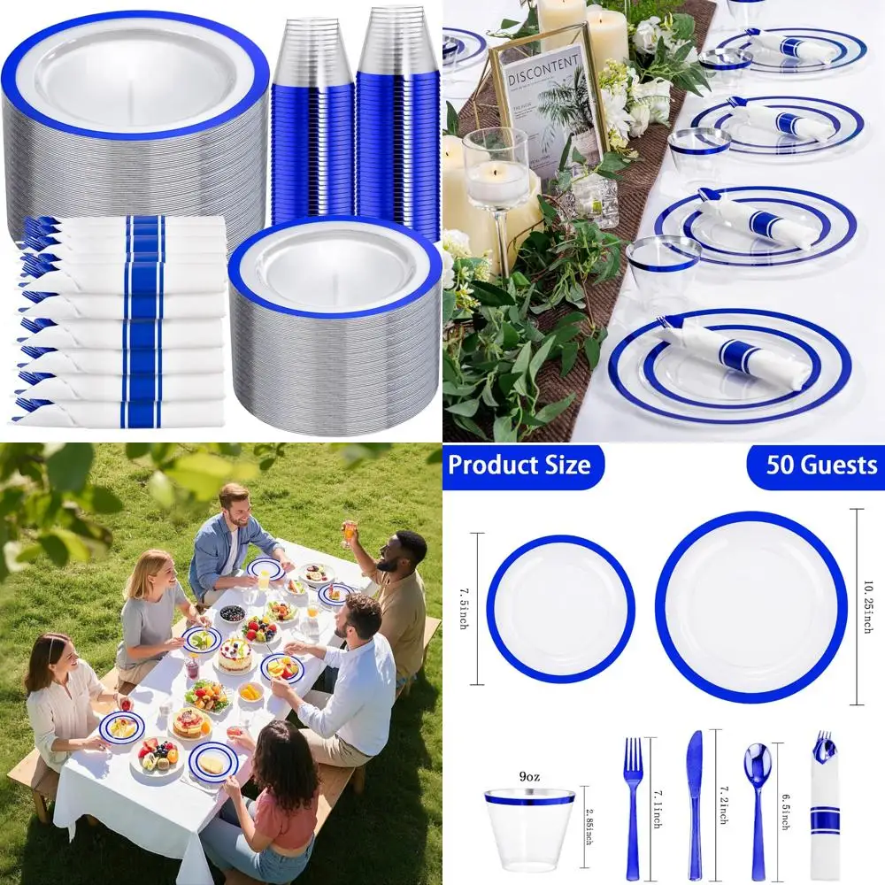 

Темно-синие пластиковые тарелки — 350 упаковок одноразового столового посуды для 50 гостей, в комплект входит 50 обеденных тарелок и 50 десертных тарелок.
