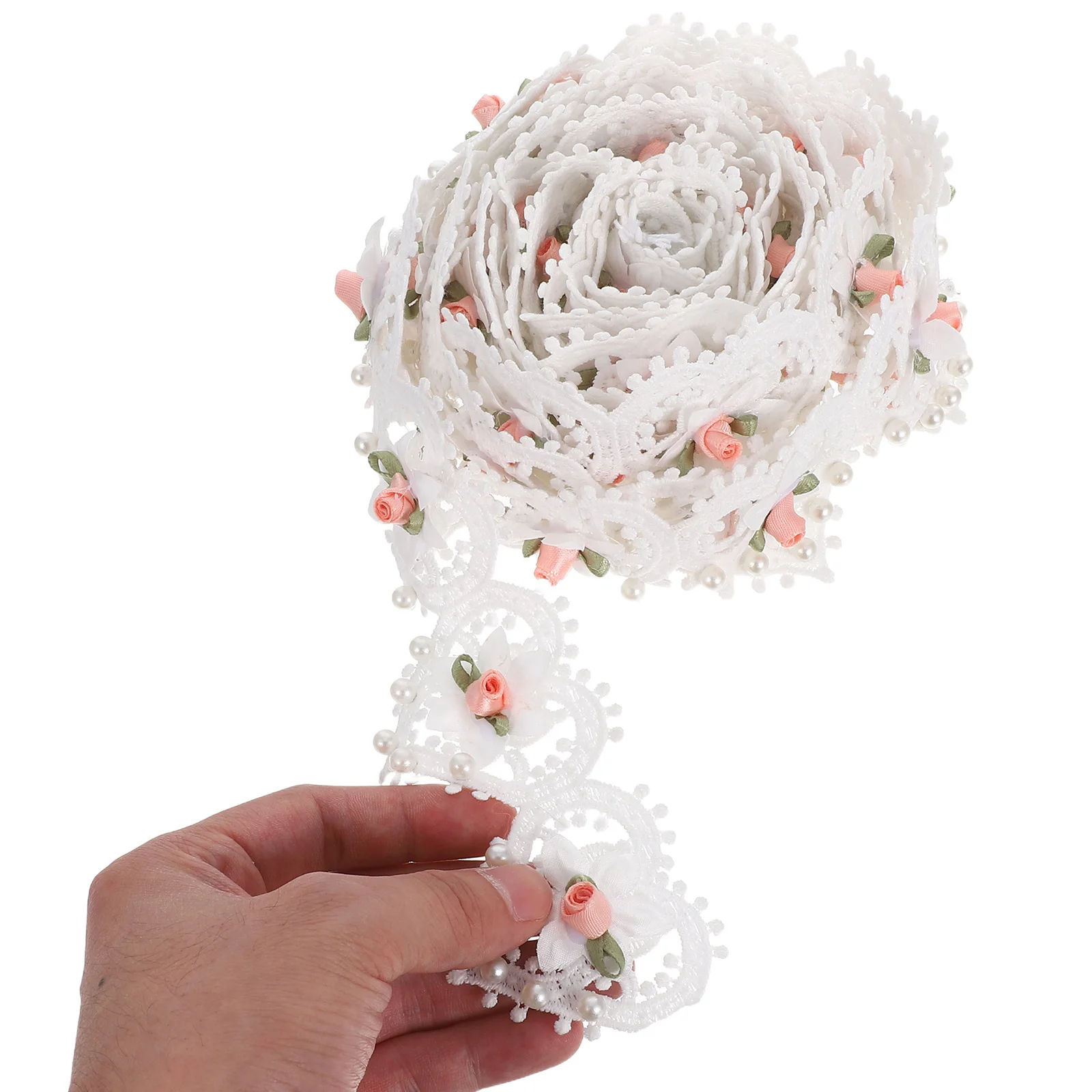

3 Yards Vintage White Embroidered Floral Lace Ribbon Trim Bridal Wedding Dress DIY Sewing Craft Decoration Imitation Pearl Beads