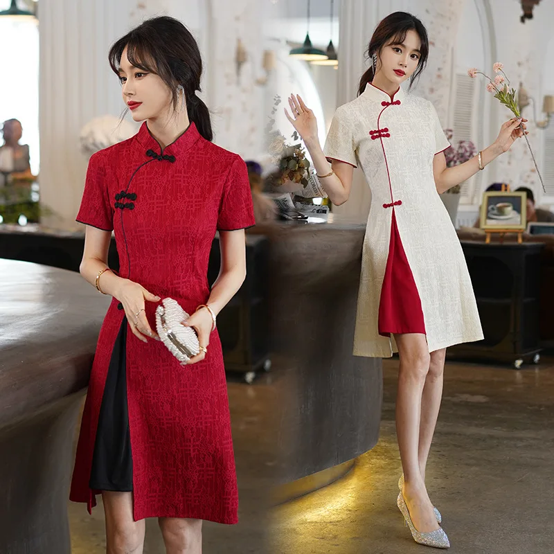 

Женское платье с воротником-стойкой и коротким рукавом, Cheongsam в китайском стиле, китайский узел, пуговицы, элегантное платье с вышитыми узорами
