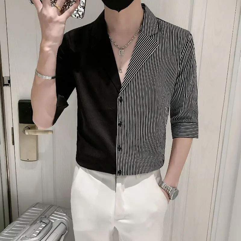 2023 Men\'s Clothing Korean Fashion Casual Striped Patchwork Asymmetrical V-neck Temperament Button Handsome Spring Summer Shirts