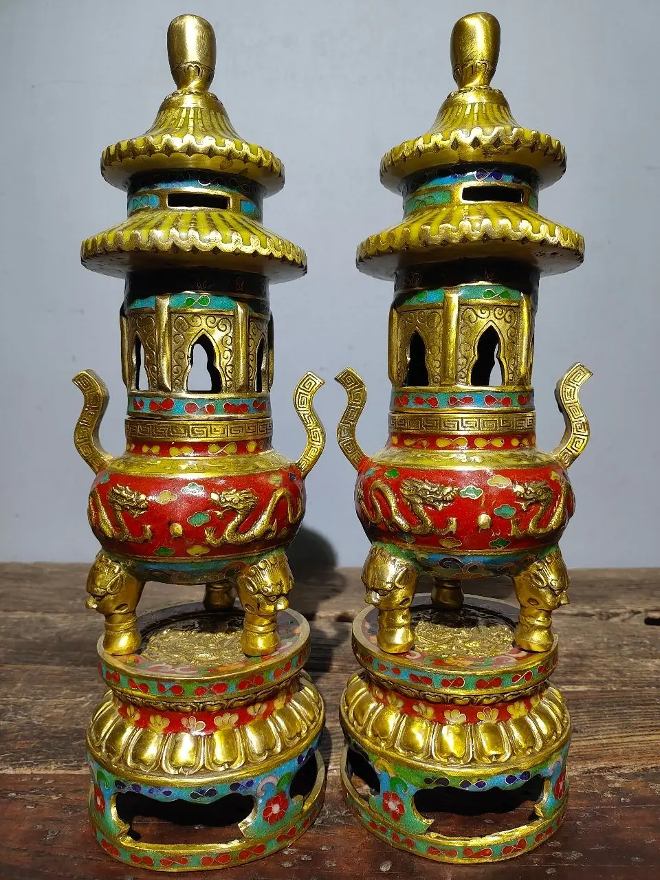 

14"Tibetan Temple Collection Old Bronze Cloisonne Enamel Dragon texture Buddha Pagoda incense burner A pair Worship Hall