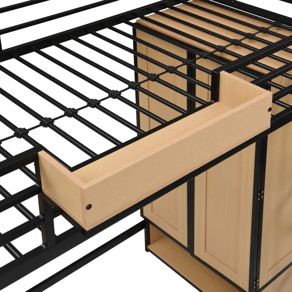 PINGGO Schwarz & Naturfarbenes Eisen-Etagenbett 90x200cm mit Kleiderschrank, Treppe, Schreibtisch, Staufächern, Metall, MDF, ohne Matratze – Detail 19
