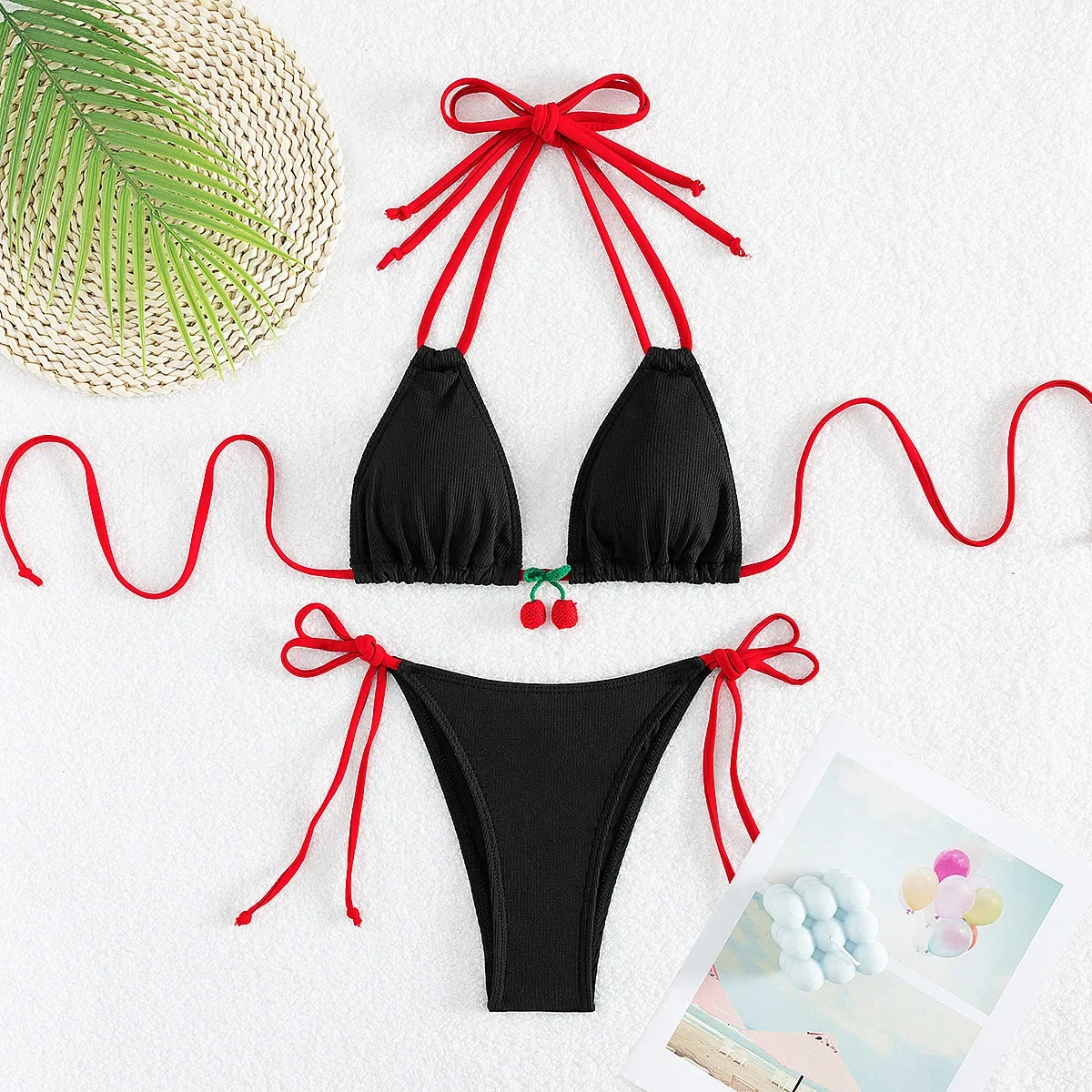 Sexy Women Cute Cherry Patchwork Halter String Micro Bikini Sets Two Pieces Swimsuit Swimwear Bathing Suit Beach Outfits Biquini