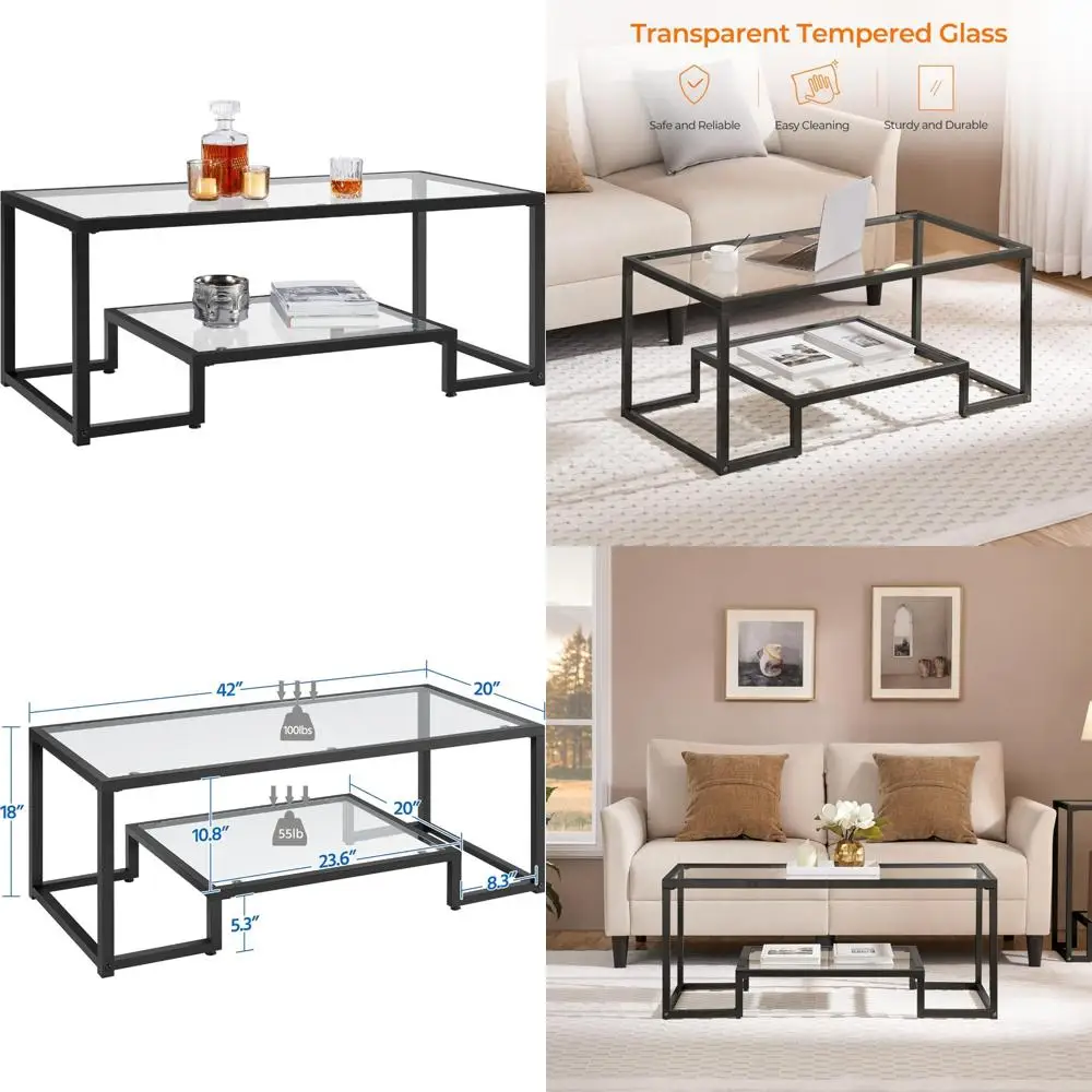Modern Tempered Glass Coffee Table with Geometric Design and Metal Frame, Simple Center Table for Contemporary Living Spaces