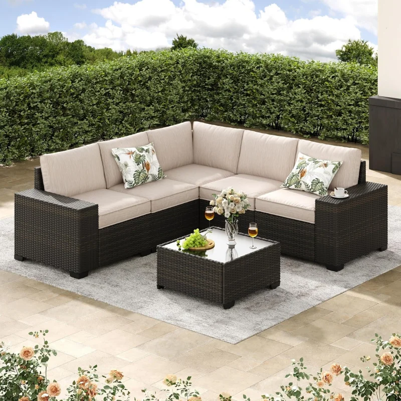 

6-Piece Beige Wicker Patio Set, All-Weather Sectional Sofa/ Cushions, Glass Table & Left/Right Armrests,-Resistant Rattan
