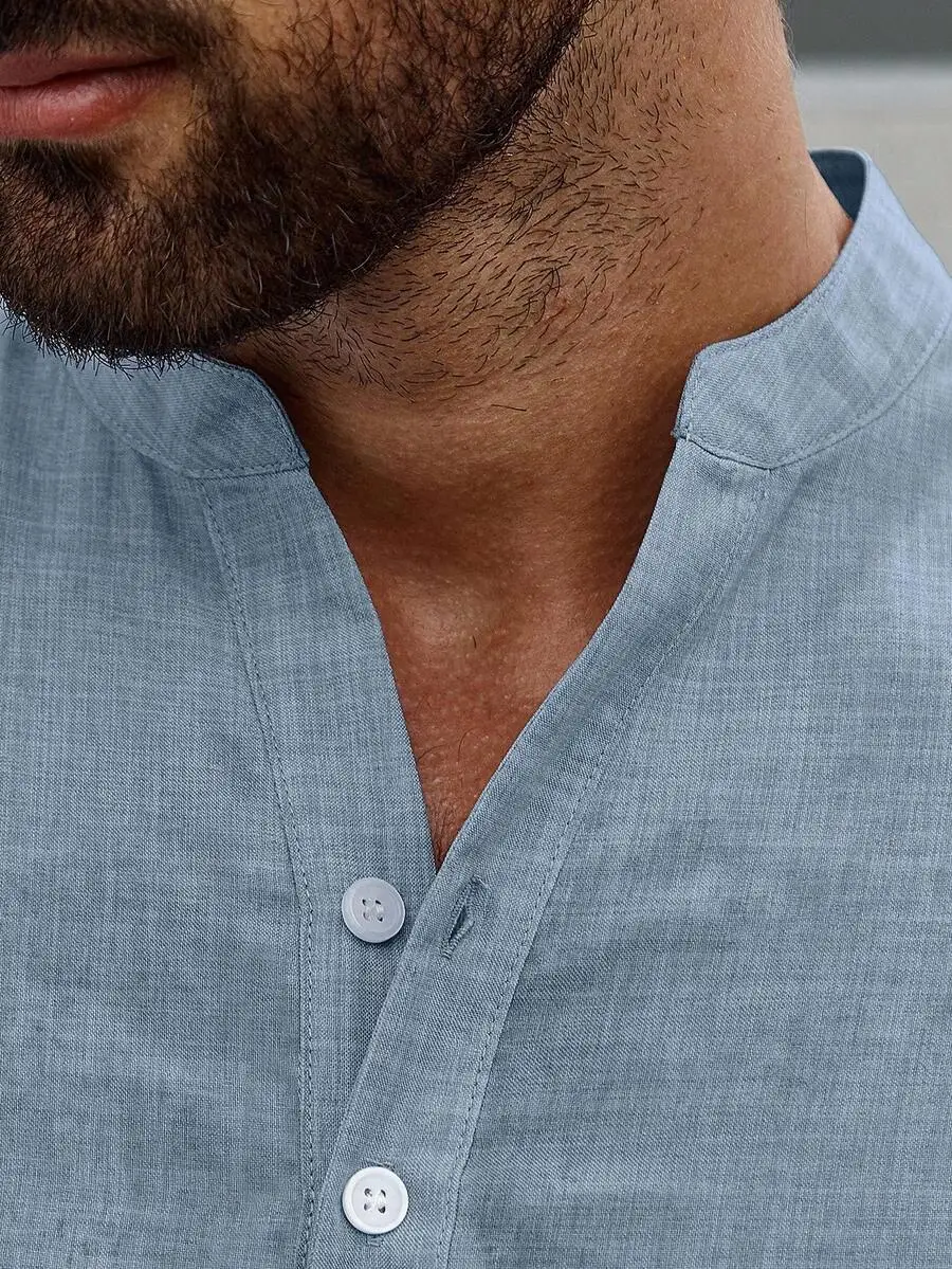 Manfinity Homme Loose Fit Men Half Button Roll Up Sleeve Shirt, Fall