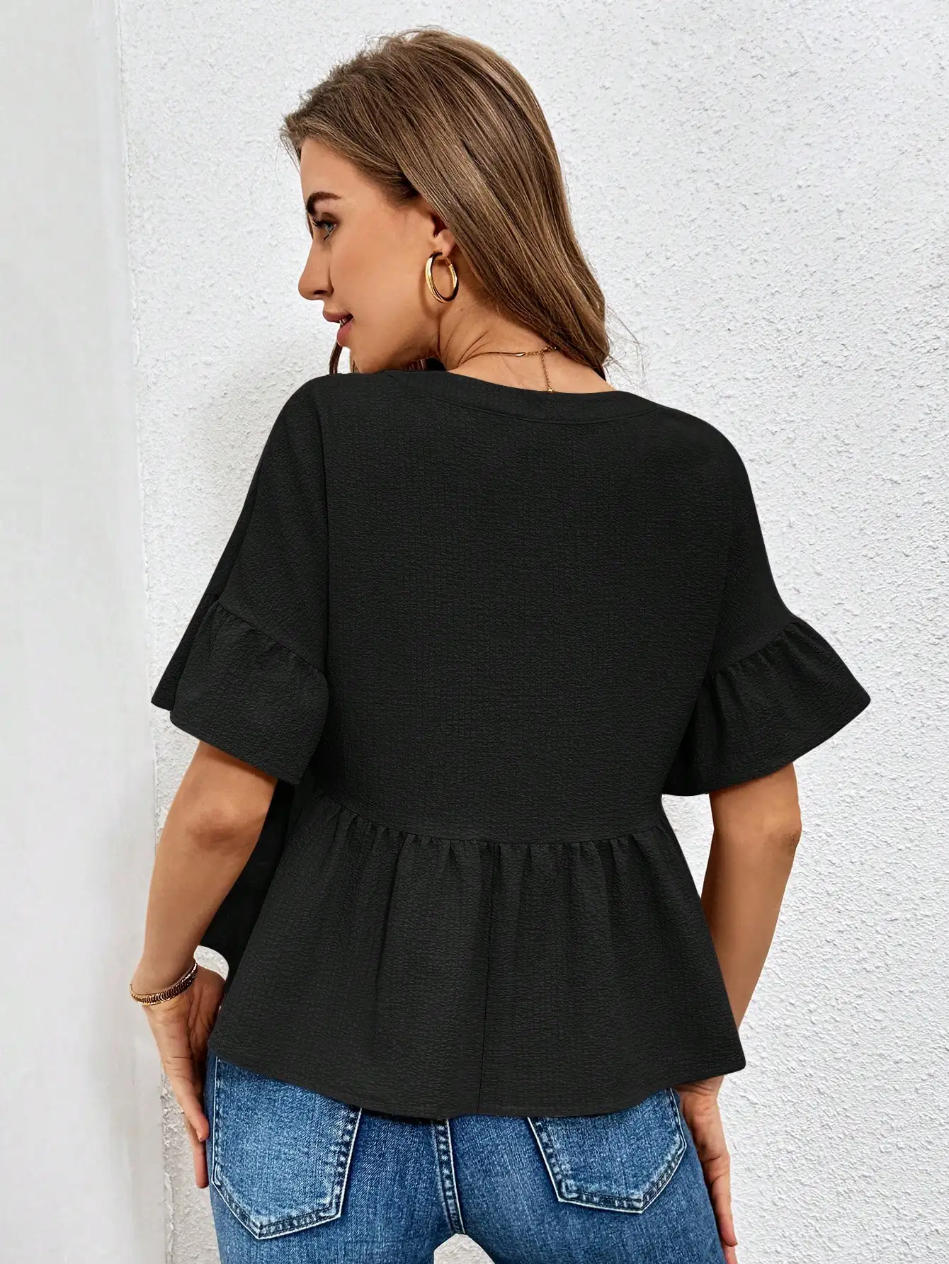 

Casual Texture Half Placket Ruffled Short Sleeve Blouse For Women