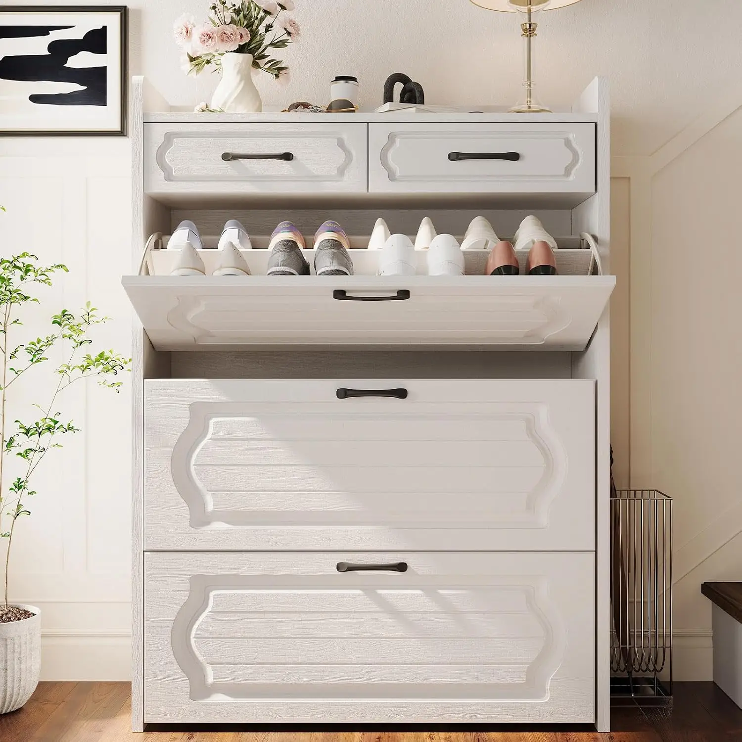 Shoe Cabinet 3 Flip & 2 Storage Drawers Adjustable Divider Hidden Organizer Entryway Hallway White, Customized