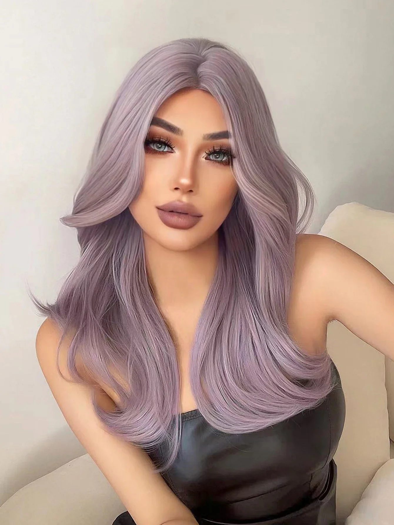 

24Inch Pale Lavender Color Synthetic Wigs Middle Part Long Natural Wavy Hair Wig For Women Daily Use Cosplay Heat Resistant