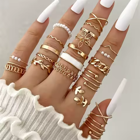 New Fashion Boho Geometric Pearl Knuckle Rings Set for Women Gold Silver Color Wave Leaf Zircon Heart Ring Party Jewelry Gift