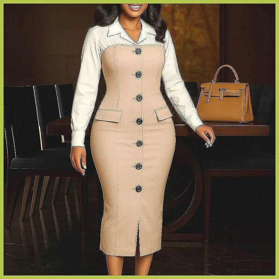 Elegant Pleated Church Dress for Women 2026, V-Neck Long Sleeve Belted Office Dress for Spring Autumn