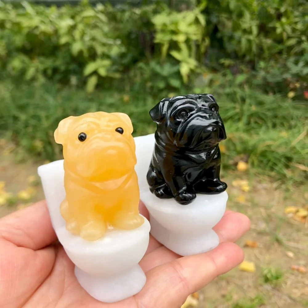 Natural Crystal Bulldog On Toilet Carved Figurine Funny Dog Statue White Toilet Base Home Decor Stone Wholesale