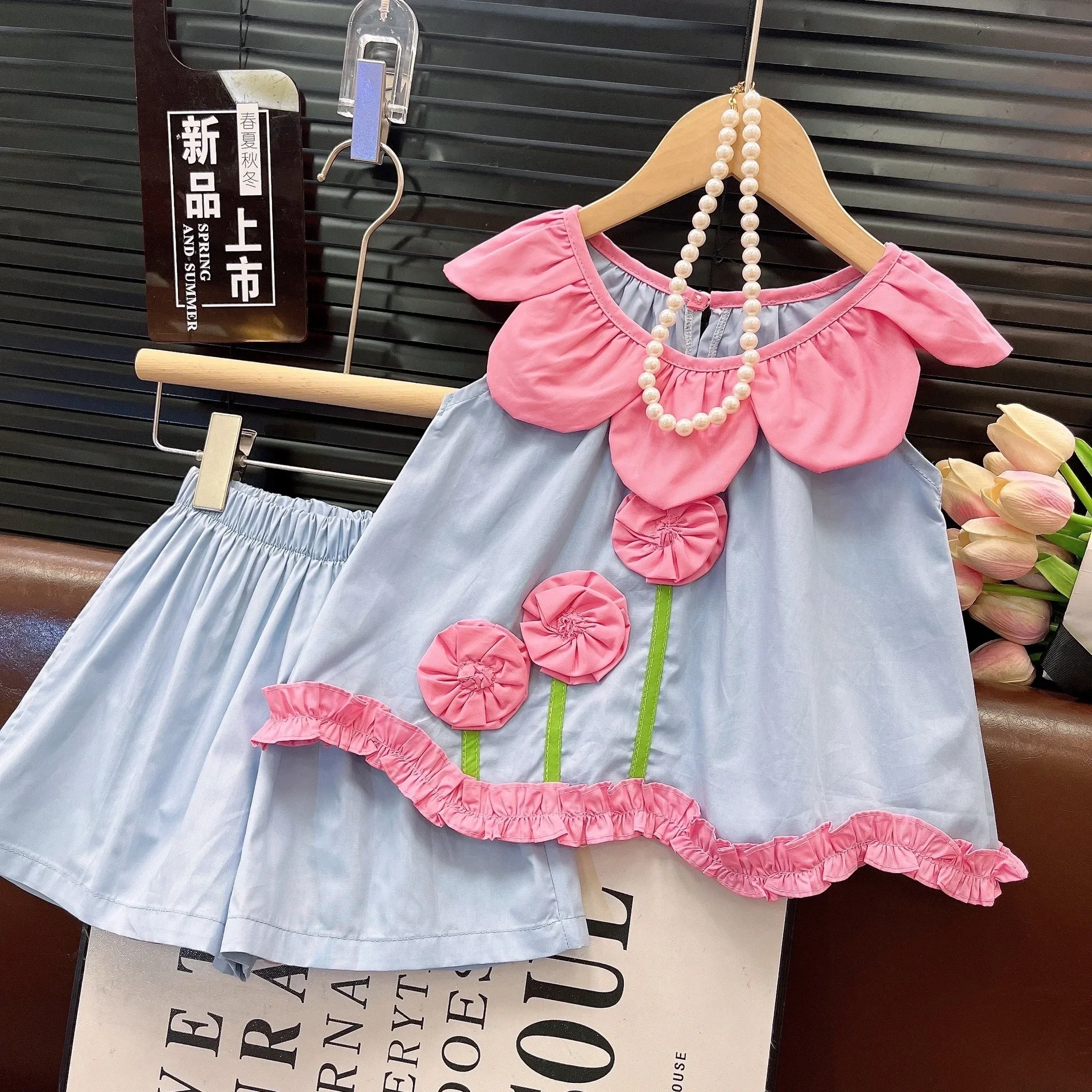

2025 Girls' Set Summer New Rose Petal Collar Tank Top Shirt Shorts Two Piece Set