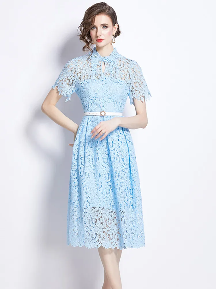 Elegant Fashion Party Dresses Women Short Sleeve Lace Summer Dress Simple Slim Lace Hollow Out Embroidery Slim Belt Dress