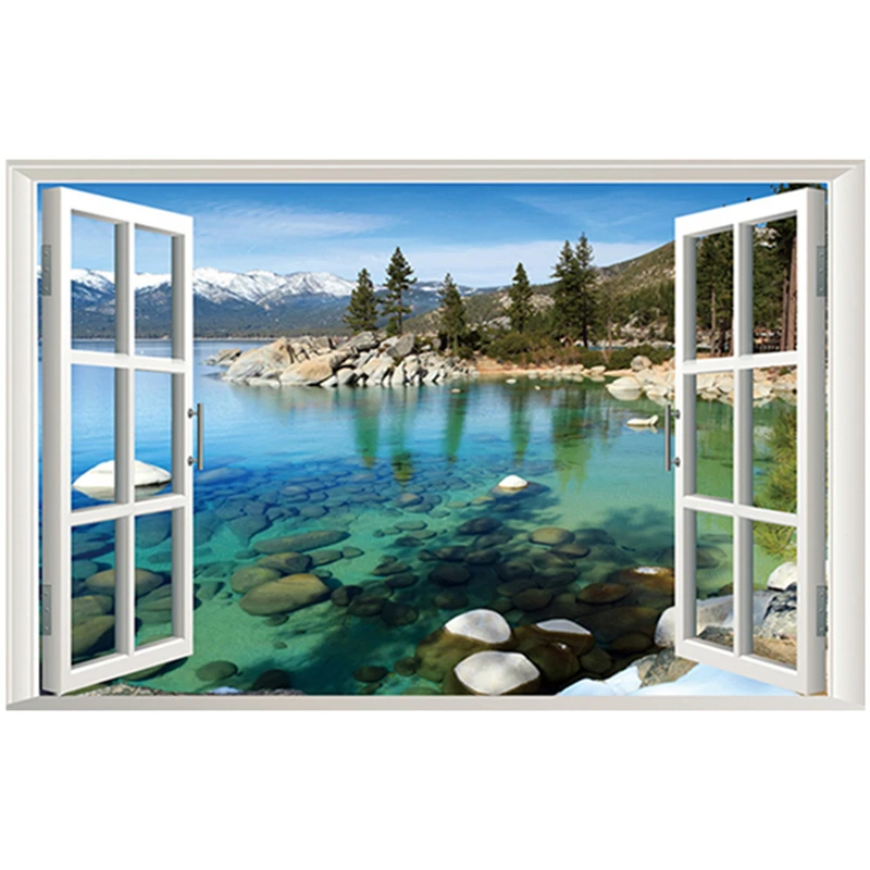 Lake View Mural Sticker for Home Decoration Living Room 3D Window Scenery Snow Mountain Clear Water Poster Wallpaper on the Wall