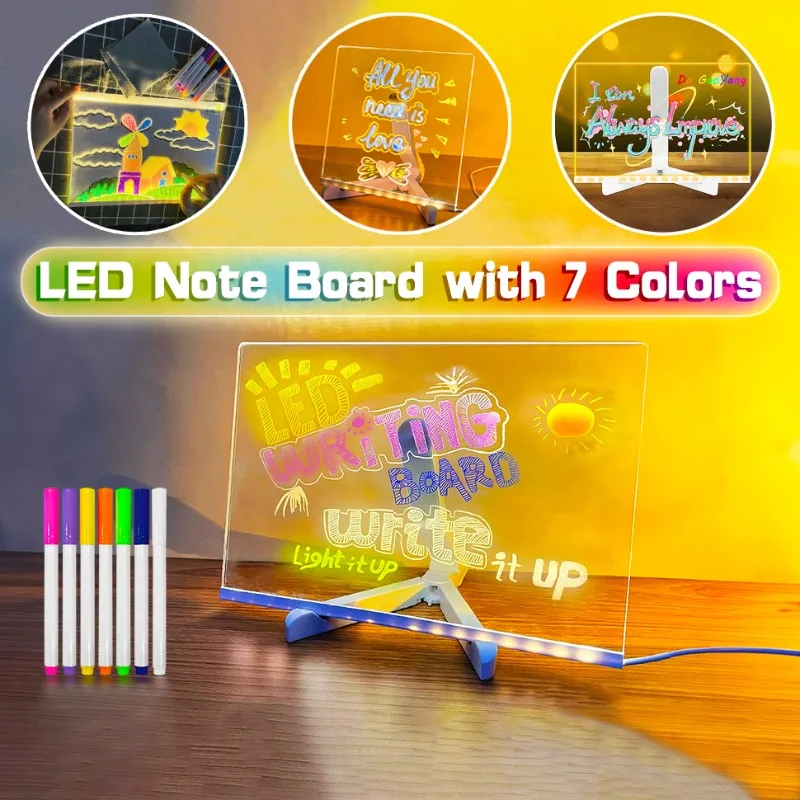 Planche à dessin transparente en acrylique lumineux, tableau de messages Led, jouets éducatifs pour enfants, cadeau, avec support, avec 7 marqueurs de couleur