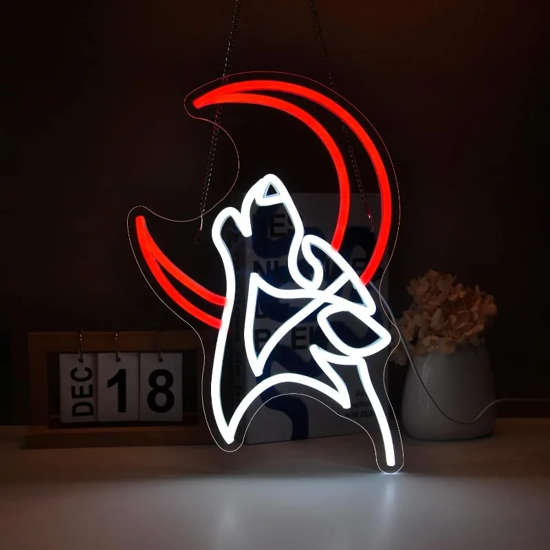 XM Wolf Moon Neon Light Wall Decoration,Room,Game Room USB-powered Dimmable LED Sign Holiday Gifts for Children room decoration