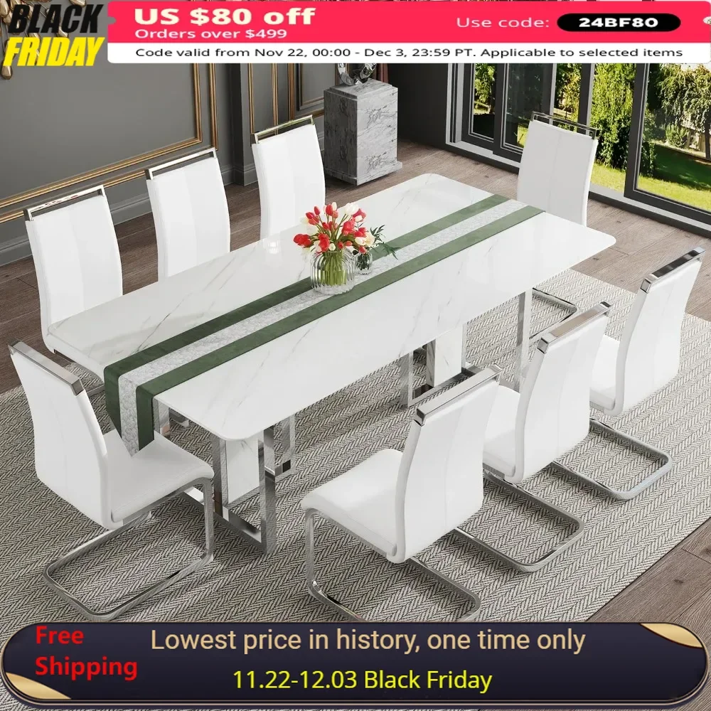 79''Dining Table Set for 8, 1.8'' Thick Faux Marble Table Top＆8 Pu Leather Upholstered Chairs,Dining Table Set