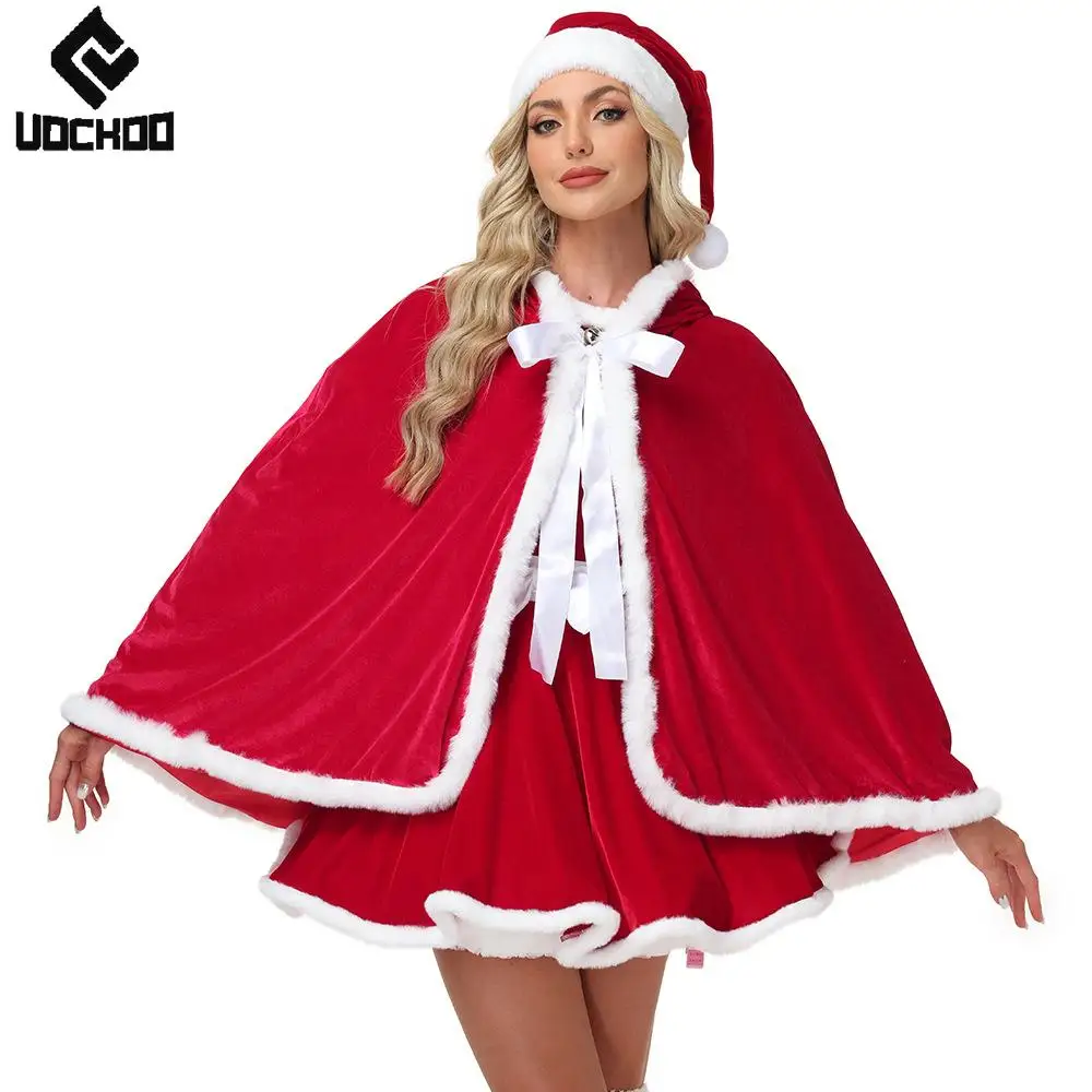 Pink Christmas Dress Suit Women Sexy Xmas Girl Cosplay Costume Red Party Cloak Carnival New Year Outfit Party Mini Dress Up