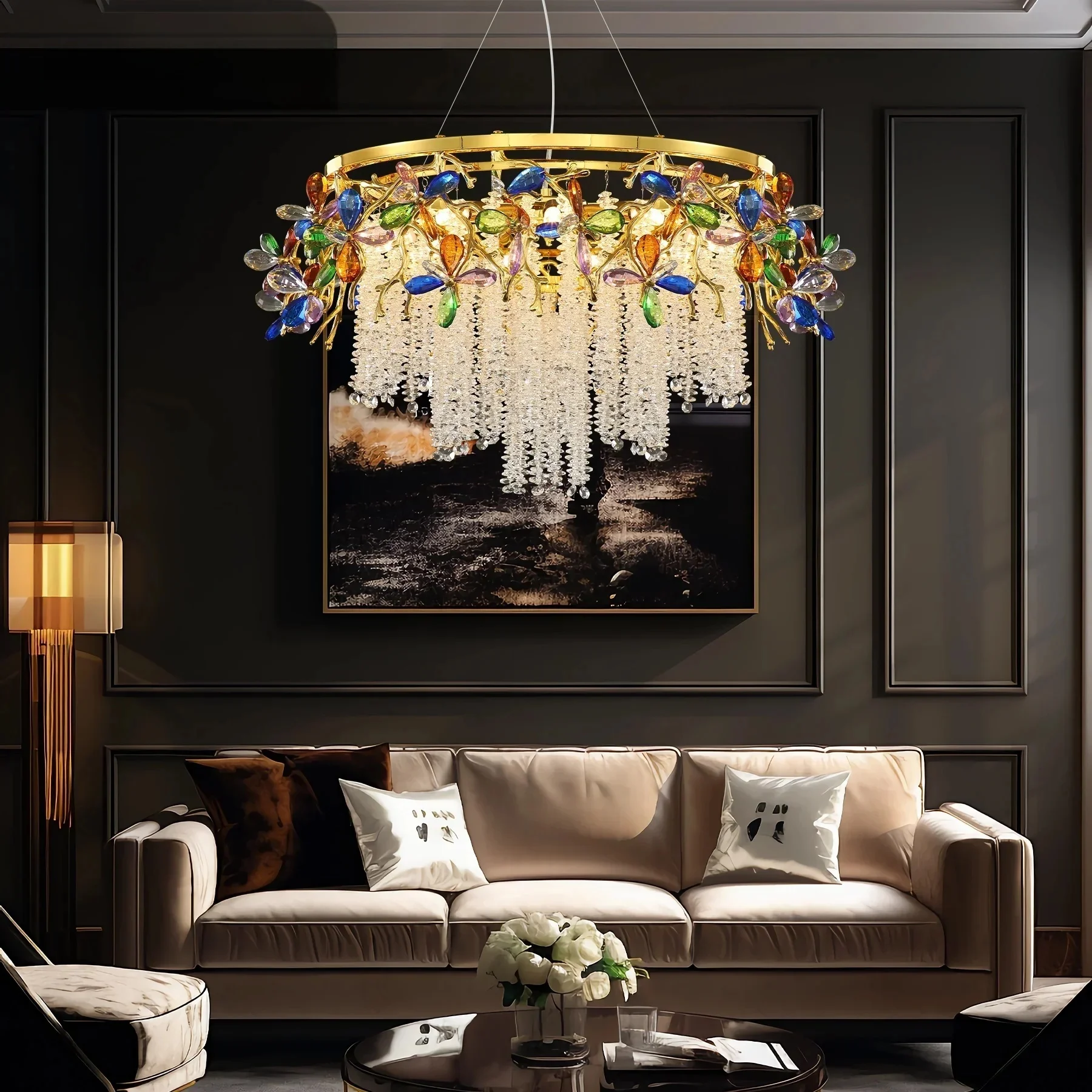 

Artpad Luxury Flower Crystal Chandelier for Living Room Dining Room Nordic Branch Colorful Crystal Pendant Light Bedroom Kitchen