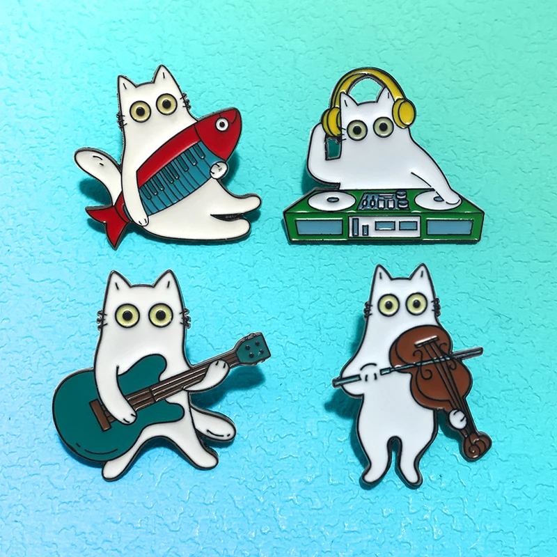 Cool Cartoon Cats Pins 4-design Enamel Playing Guitar Violin DJ Music Lover Animal Brooch Pin For Clothes Backpack Badge Gifts
