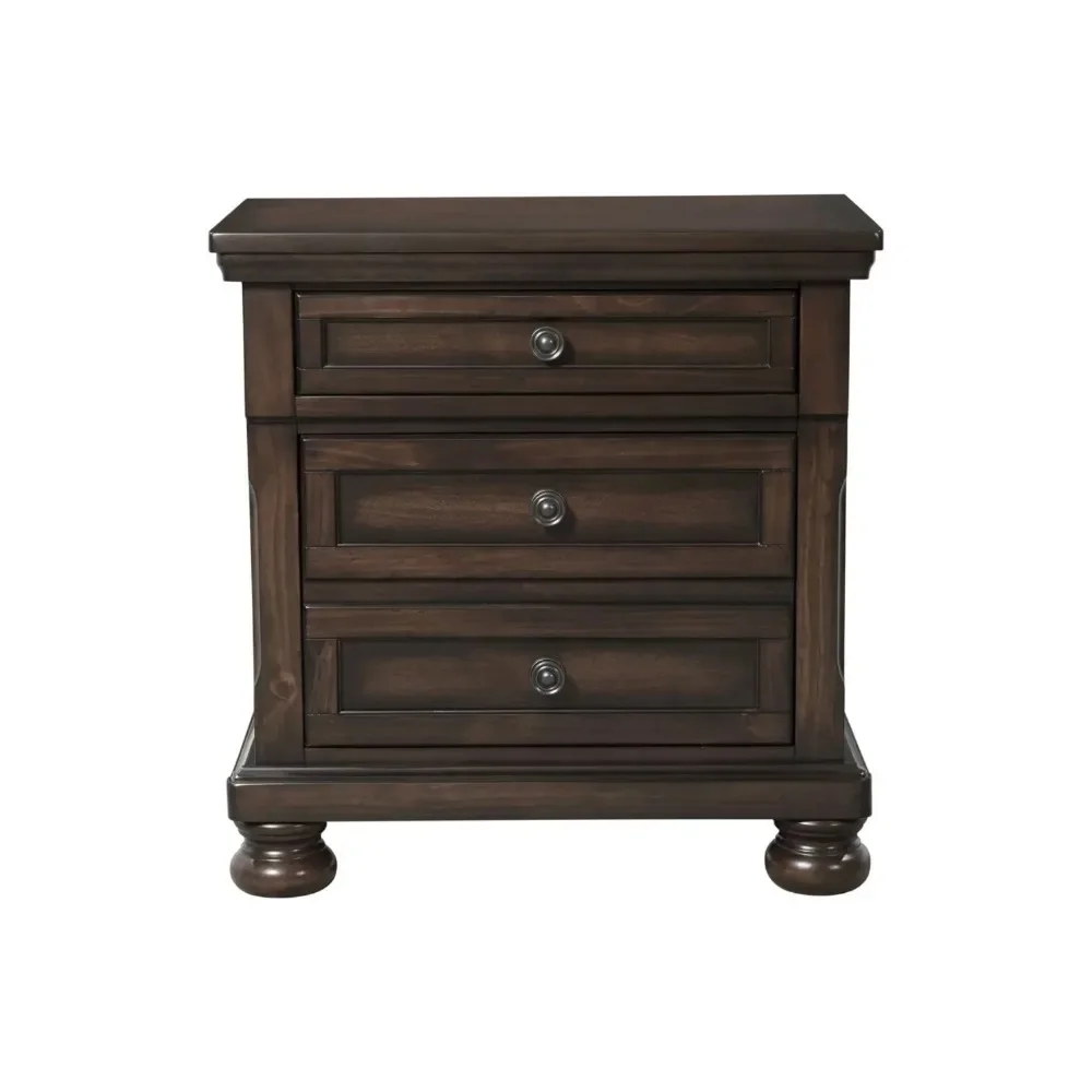 Kingsley Nightstand W/ USB Walnut Nightstand Features Three Spacious Drawers and Two USB Ports Keeping Devices Charged