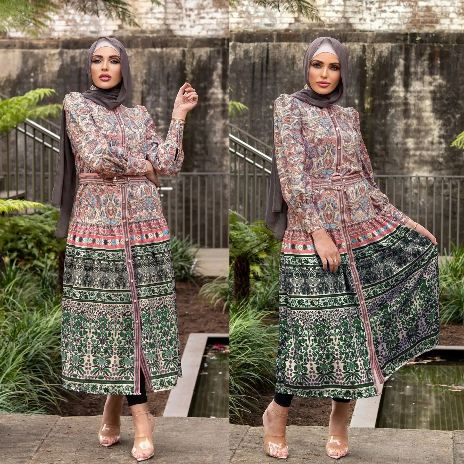 M167# Women's Malay Indonesian Muslim Print Dress