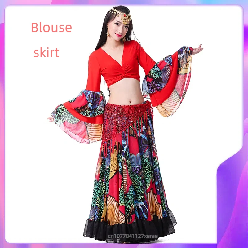 Conjunto de saia grande flor feminina para performance de dança do ventre, saia de dança do ventre de 720 graus, manga longa, conjunto de saia grande de balanço