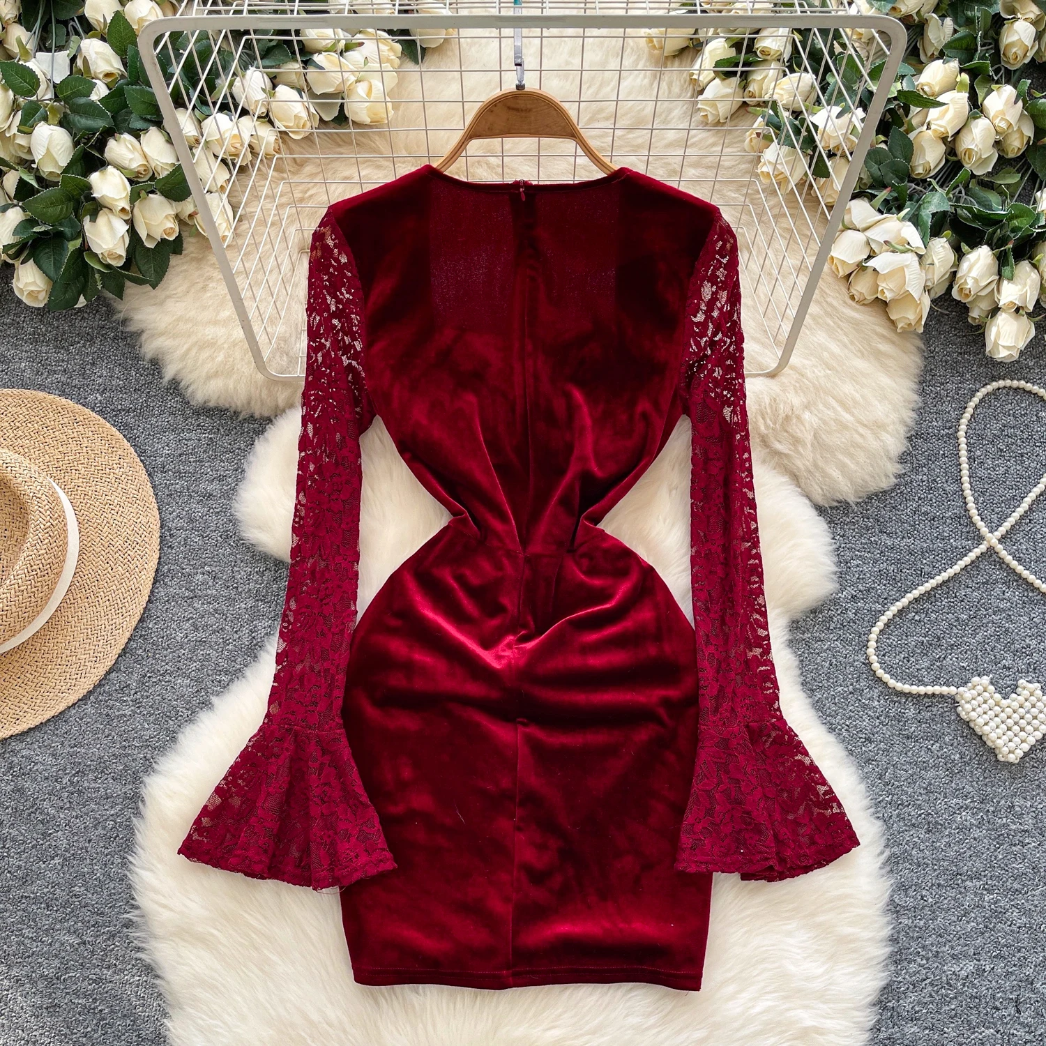 Chic sexy terciopelo cuello cuadrado manga larga vestido fruncido Hada otoño Vestidos ropa de mujer Vestidos de ceremonia