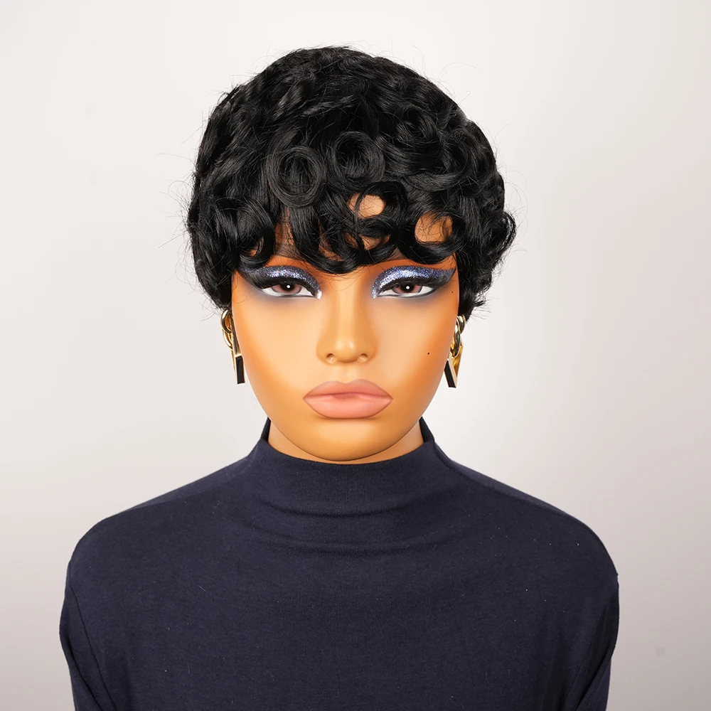 باروكة شعر بشري قصيرة بقص عابث للنساء، باروكات بيكسي مجعدة سوداء قصيرة مصنوعة آليًا بالكامل، باروكات شعر بشري قصيرة مع غرة