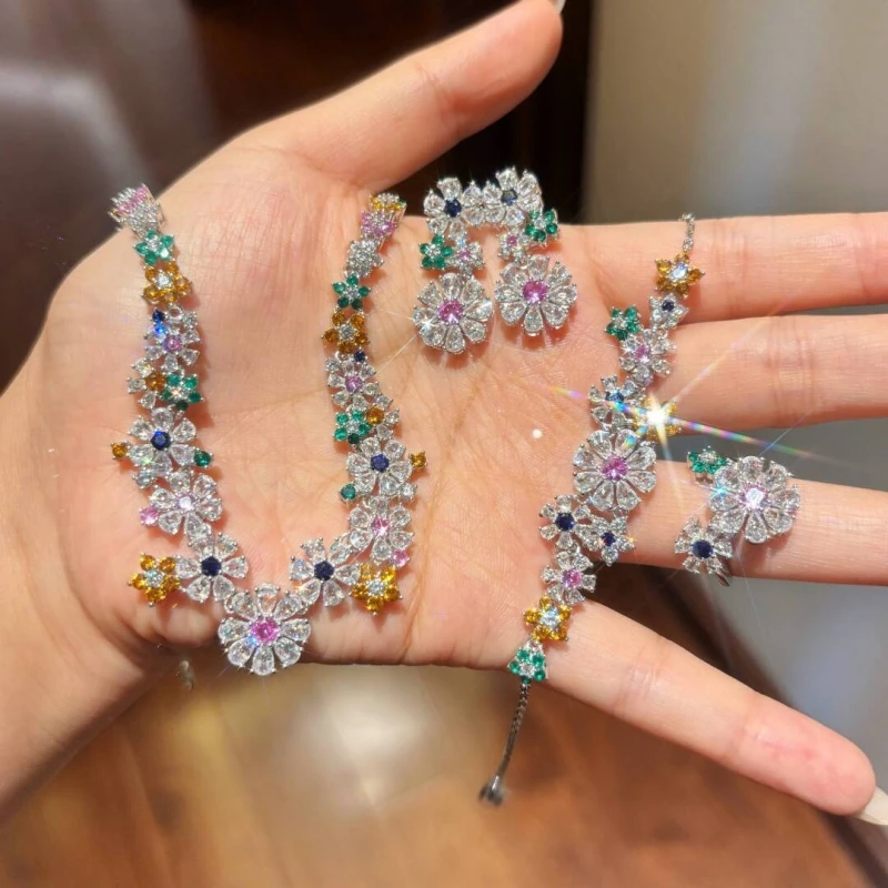Bellux 925 Silver Jewelry Set Jewelry Cultivation Colored Sapphire Daisy Garden Ring Necklace Bracelet Earring Set