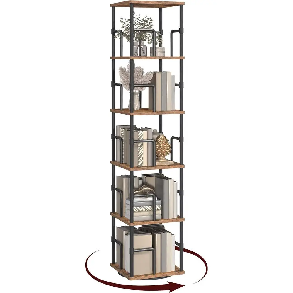 

5-ярусная вращающаяся книжная полка, коричнево-черная, в индустриальном стиле, 360° ° Система хранения Spin для дома и офиса